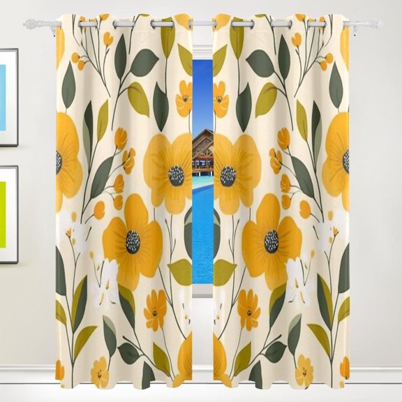 Yellow Flowers Beige Background Blackout Curtains for Living Room Bedroom 55W x 72/84L Insulated Window Drapes 2 Panels