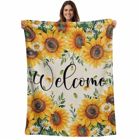 Yellow Flowers Blanket Soft Cozy Warm Throw Blanket for Couch, Plush Fuzzy Flannel Fleece Blankets for Sofa, Spring Daisy Leaves Beige Vintage Bed Blankets Lightweight Gifts for Women, 50"x60"