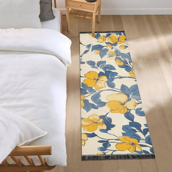 Yellow Flowers Blue Leaves Bedroom Runner Rug 2'x 6' Non Slip Carpet Indoor Home Area Rug Living Room