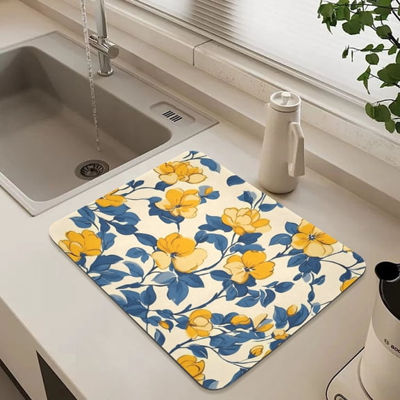 Yellow Flowers Blue Leaves Dish Drying Mat for Kitchen Counter Absorbent Drainer Mats (15.7X11.8inch)