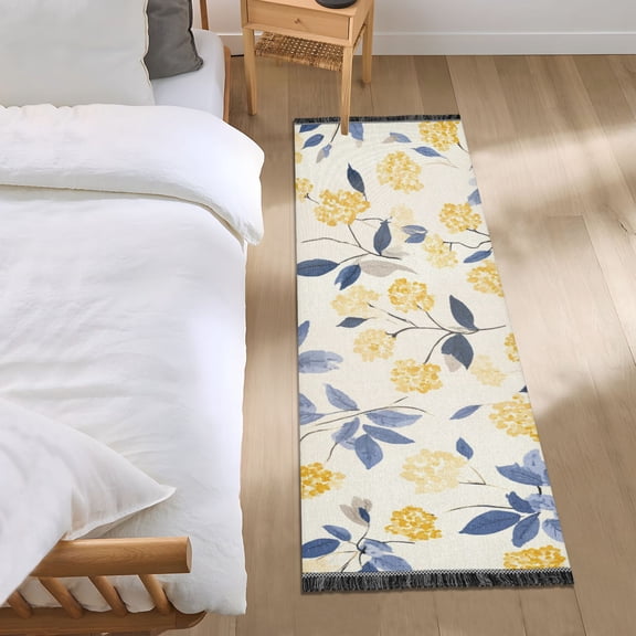 Yellow Flowers Blue Leaves Watercolor Bedside Runner Rug 2'x 6' Non Slip Carpet Floor Mat Area Rug