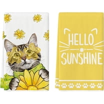 Yellow Flowers Cat Hello Sunshine Kitchen Towels Dish Towels, 18x26 Inch Spring Summer Holiday Decoration Hand Towels Set of 2