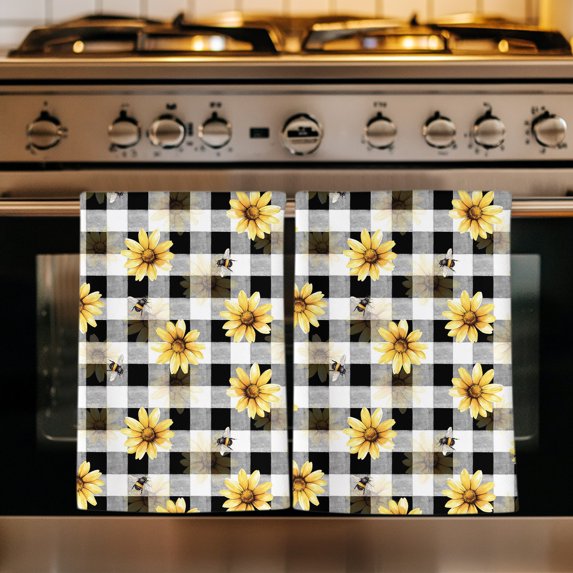 Yellow Flowers Checkered Kitchen Towels Set of 1, Black Plaid Farmhouse Art Floral Absorbent Dish Towels for Kitchen, Microfiber Hand Towel, Quick Drying Tea Towel for Cleaning Decorative Dishcloths