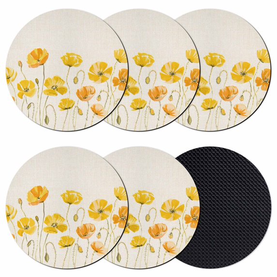 Yellow Flowers Coasters Set of 6, Absorbent Coasters for Drinks, Farmhouse Botanical Watercolor Floral Coaster for Desk Coffee Table Protection, Home Decor House Warming Gifts 4"