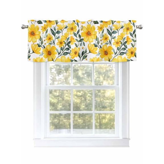 Yellow Flowers Curtain Valances for Windows, Summer Watercolor Florals Window Valances, Window Treatment Rod Pocket Valance Curtains for Living Room/Kitchen/Bedroom/Bathroom, 54x18inch