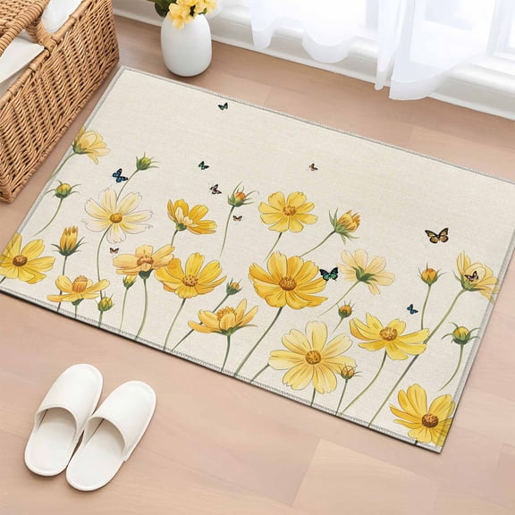 Yellow Flowers Entryway Rug 2'x3' Non Slip Front Door Mats, Spring Floral Butterflies Pastoral Entrance Rugs Indoor Outdoor Carpet, Washable Floor Mats Small Area Rug for Bedroom Kitchen