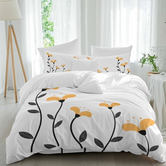 Yellow Flowers Full Size Comforter Set, Abstract Spring Autumn Simple Yellow Floral Leaves Bedding for All Seasons, 4 Pcs Bed Set, 1Quiltcover (86"x86") ,1Sheet(80"x116"), 2Pillowcases (30"x20")