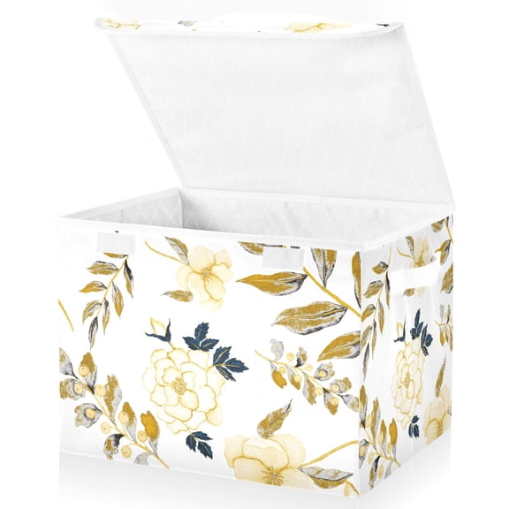Yellow Flowers Golden Large Lidded Bin Foldable Storage Baskets Boxes Cubes Lids with 2 Handles for Home Bedroom Office 16.5x12.6x11.8inch