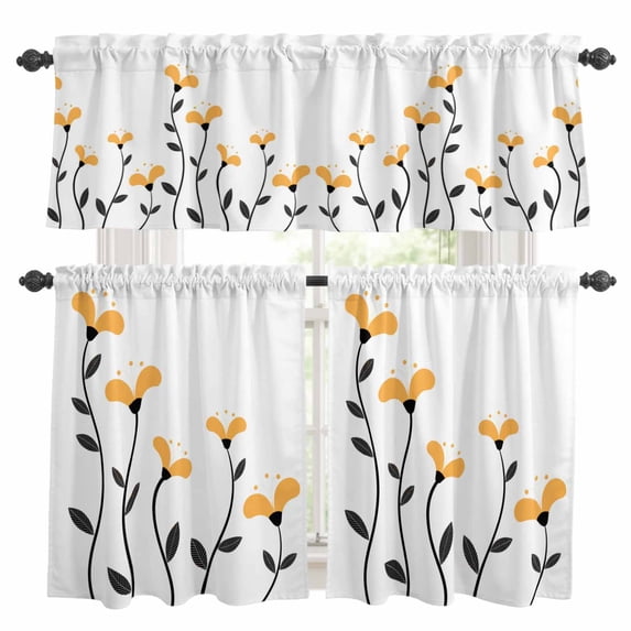 Yellow Flowers Kitchen Curtains Valances and Tiers Set of 3 Abstract Spring Autumn Simple Yellow Floral Black Leaves Tier Curtains and Valance with Rod Pocket for Small Windows, 27.5"x36"