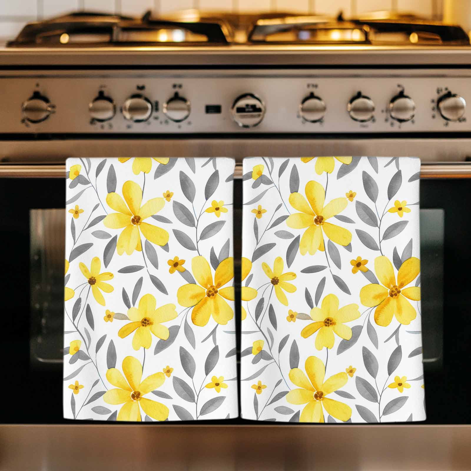 Yellow Flowers Kitchen Towels Set of 2, Farmhouse Watercolor Florals Grey Leaves Absorbent Dish Towels for Kitchen, Microfiber Hand Towel, Quick Drying Tea Towel for Cleaning Decorative Dishcloths