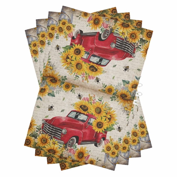 Yellow Flowers Kitchen Towels Set of 4, Water Absorbent Dish Towel, Car Vintage Brown Country Rustic Decorative Hand Towels - Quick Drying Cloth for Cooking Baking, 18x28 Inch