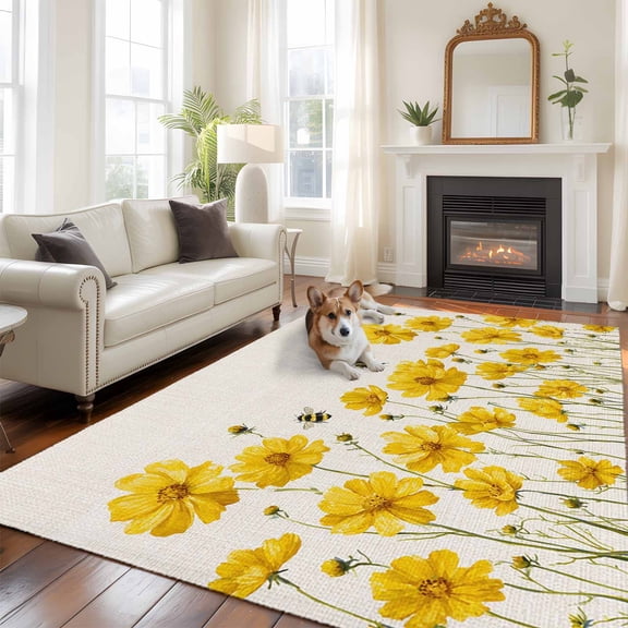 Yellow Flowers Large Area Rugs 8x10 ft Spring Floral Bee Linen Texture Plant Watercolor Washable Rug Non Slip Indoor Carpet Absorbent Floor Mat for Living Room Bedroom Dining Room