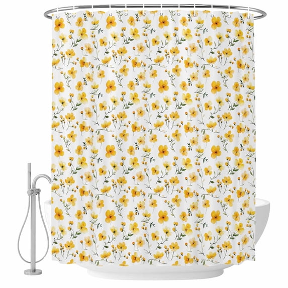 Yellow Flowers Leaf Fabric Shower Curtain Wildflowers Simple Style Washable Shower Curtains for Bathroom, Waterproof Bath Curtain with Hooks Home Decor 72x72in