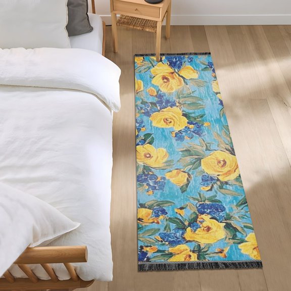 Yellow Flowers Oil Painting Bedroom Runner Rug 2'x 6' Non Slip Carpet Indoor Home Area Rug Living Room