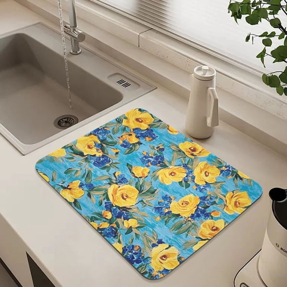 Yellow Flowers Oil Painting Dish Drying Mat for Kitchen Counter Absorbent Drainer Mats (15.7X11.8Inch)
