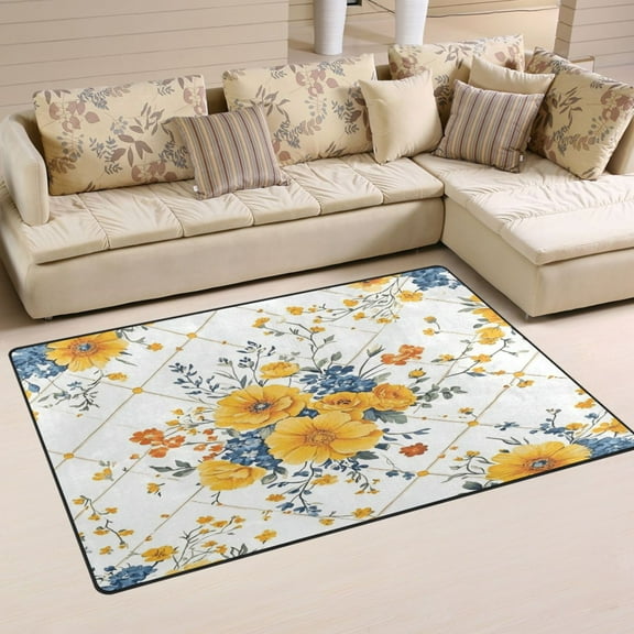 Yellow Flowers Pattern Soft Polyester Area Rug 31''x20'', Non Slip, Memory Foam, Water Absorbent