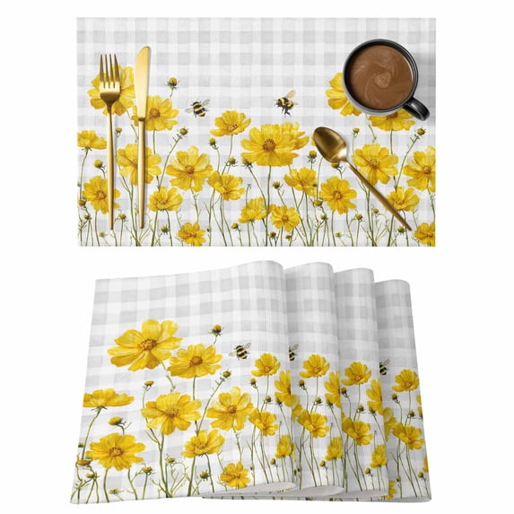 Yellow Flowers Placemats Set of 4 Summer Bee Country Floral Gray Plaid Place Mats Indoor Wipeable Table Mats Washable Cloth Dining Table Placemats for Kitchen Holiday Party Home Decor 13x19 Inch