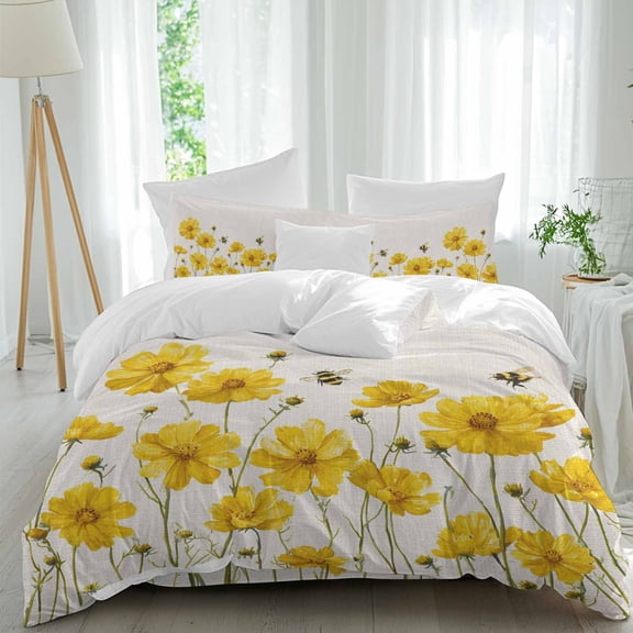 Yellow Flowers Queen Size Comforter Set, Spring Floral Bee Linen Texture Plant Watercolor Bedding for All Seasons, 4 Pcs Bed Set, 1Quiltcover (90"x92") ,1Sheet(94"x116"), 2Pillowcases (30"x20")