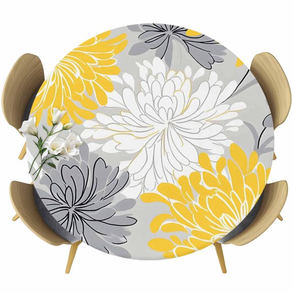 Yellow Flowers Round Tablecloth 36-44 Inch Round Fitted Table Cloth with Elastic Edge, Retro Country Pastoral Garden Florals Waterproof Table Cover Protector for Outdoor Picnic Party Dining