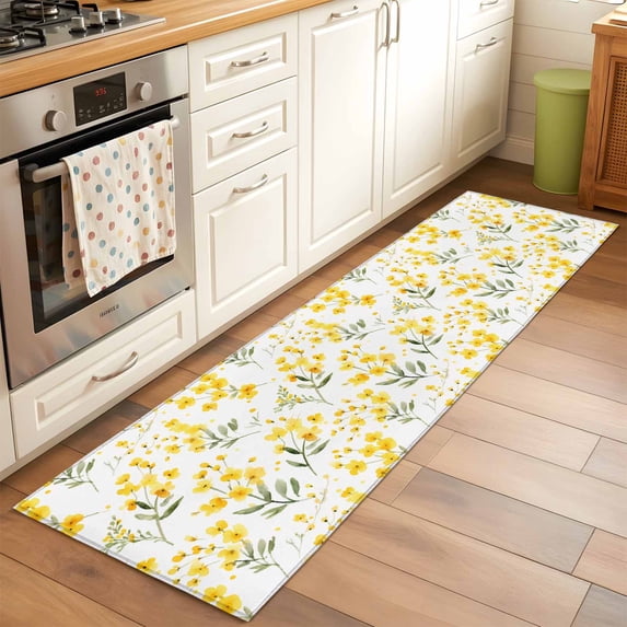 Yellow Flowers Runner Rugs 2x6 ft Watercolor Plant Countryside Washable Hallway Rugs Non-Slip Floor Mats Absorbent Carpet Bedside Runners for Bedroom Kitchen Bathroom Laundry Room