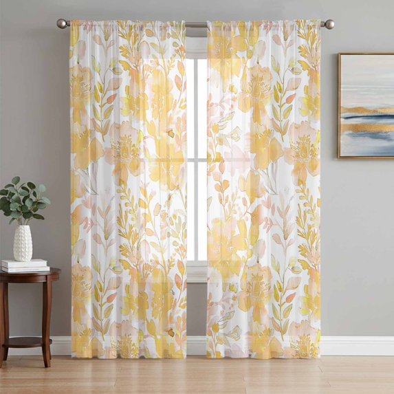 Yellow Flowers Sheer Curtains 84 Inch Length 2 Panels Set, Watercolor Summer Botanical Floral Voile Window Treatment Rod Pocket Curtains Sheers Drapes for Bedroom/Living Room/Kitchen 52"x84"x2
