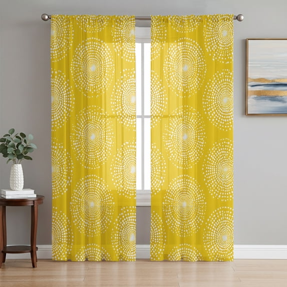 Yellow Flowers Sheer Curtains 96 Inch Length 2 Panels Set, Rustic Country Botanical Floral Dots Voile Window Treatment Semi Sheer Long Curtains Drapes for Bedroom/Living Room/Kitchen 52"x96"x2