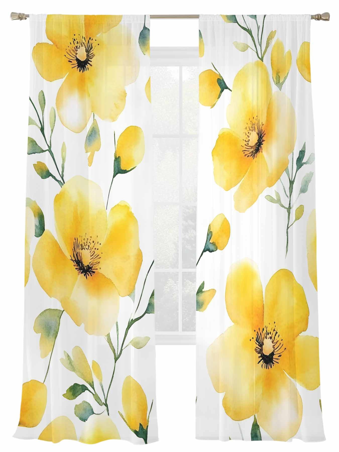 Yellow Flowers Sheer Curtains for Living Room Bedroom, Spring