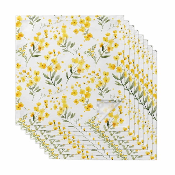 Yellow Flowers Spring Cloth Napkins, Elegant Farmhouse Botanical Washable and Reusable Dinner Napkins Set of 8, Table Napkin for Kitchen Party Birthday Wedding Hotel Housewarming 20"x20"