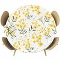 thumbnail image 1 of Yellow Flowers Spring Fitted Tablecloth with Elastic Edged, Round Table Cloth for Dining Table, Elegant Farmhouse Botanical Waterproof Oil Proof Table Cover for Indoor Outdoor 55"-60", 1 of 9
