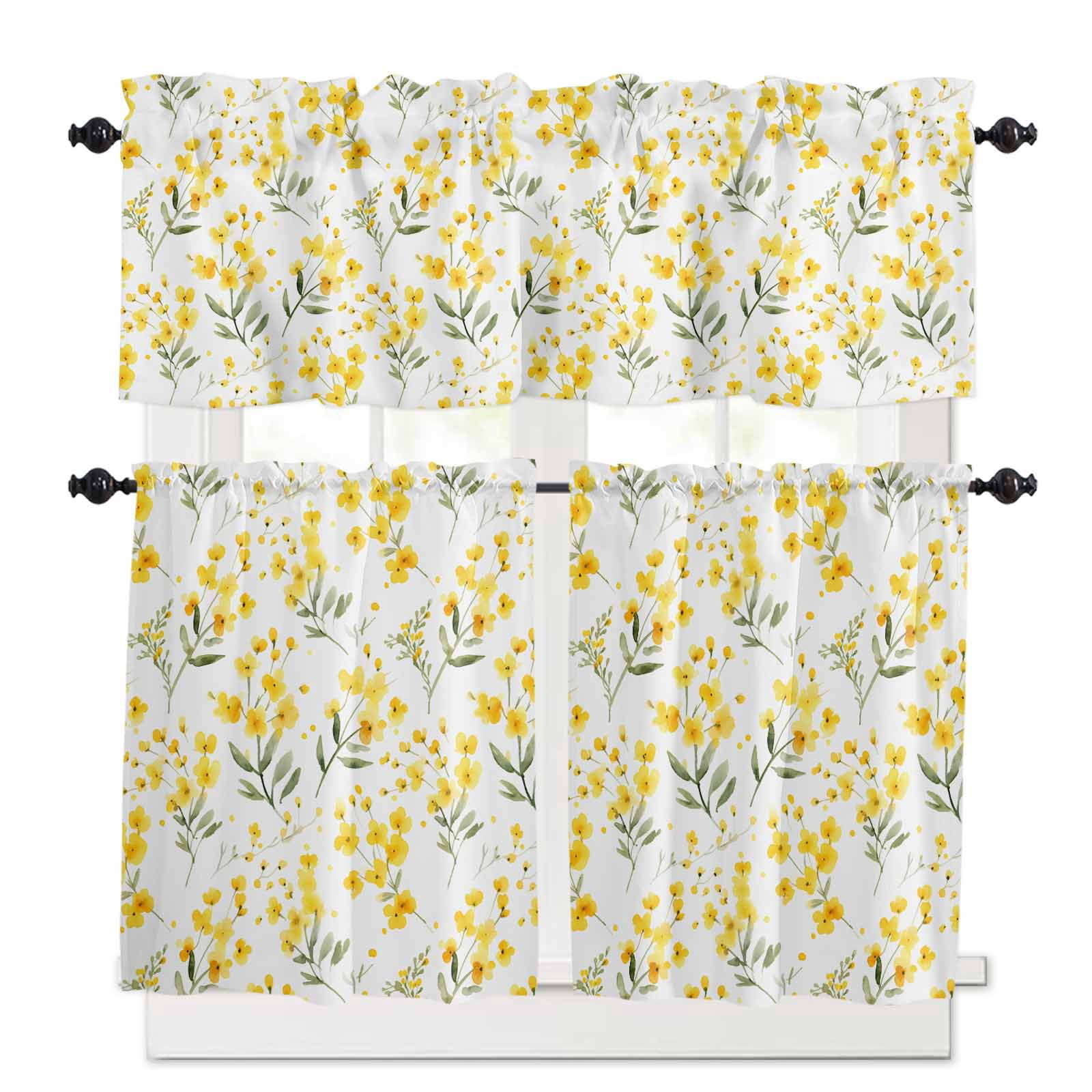 Yellow Flowers Spring Kitchen Curtains and Valances Set, 3 Piece ...
