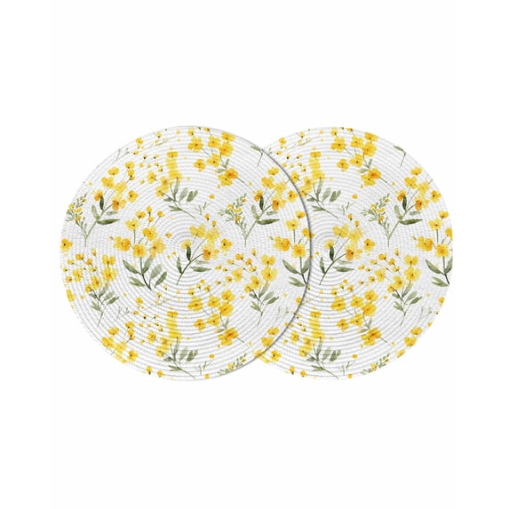 Yellow Flowers Spring Round 13 Inch Placemats Set of 2, Elegant Farmhouse Botanical HeatResistant Non Slip Place Mats for Dining Table, Wipeable Braided Kitchen Table Mats for Housewarming