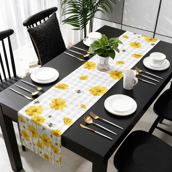Yellow Flowers Table Runner 36 Inches Small - Summer Bee Country Floral Gray Plaid Kitchen Dining Burlap Linen Tablerunner for Small/Round/Square/Wedding/Coffee/Dining Table Party Home Décor 13 x 36