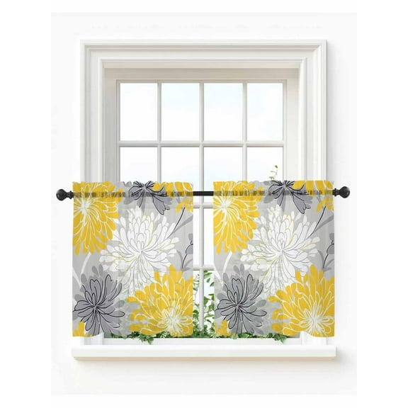 Yellow Flowers Tier Curtains 24 Inch Length,Sheer Curtains for Bedroom Living Room,Retro Country Pastoral Garden Florals Rod Pocket Voile Drapes Kitchen Curtains Small Half Window 27.5"x24" 2 Panels