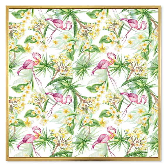 Yellow Flowers, Tropical Foliage With Flamingo IV 30 in x 30 in Framed Painting Canvas Art Print, by Designart