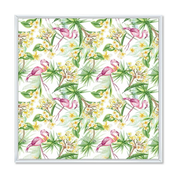 Yellow Flowers, Tropical Foliage With Flamingo IV 36 in x 36 in Framed Painting Canvas Art Print, by Designart