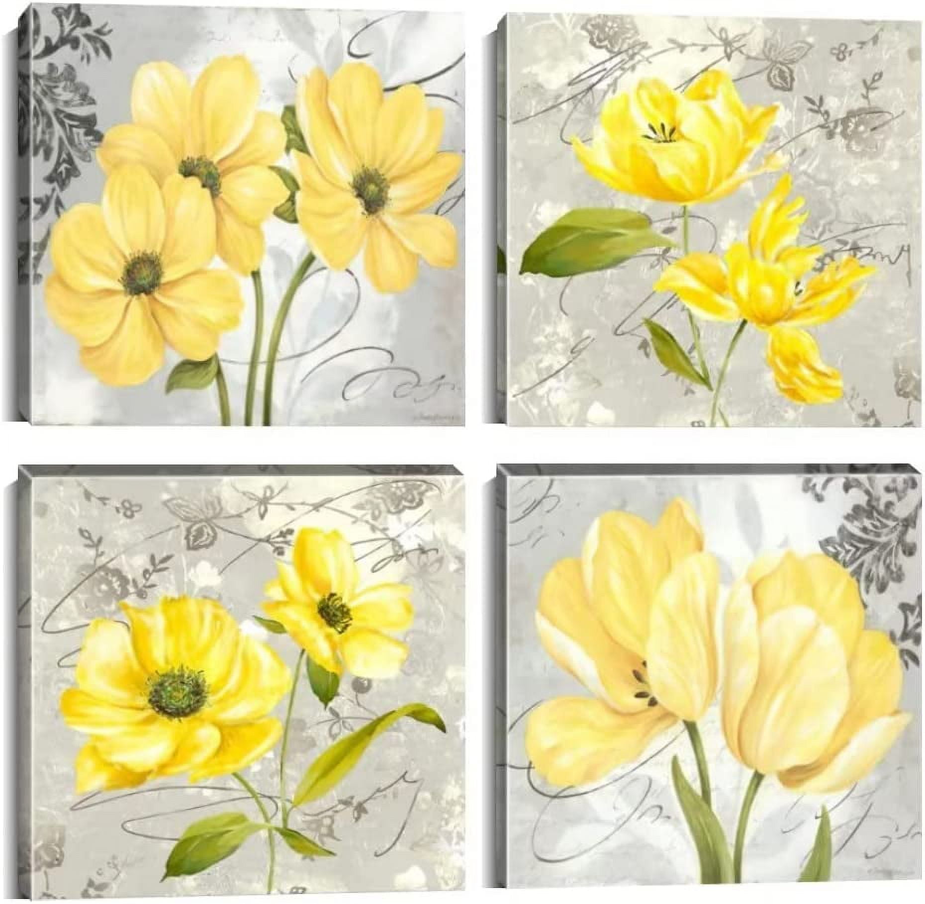 Yellow Flower Abstract Canvas Wall Art - 18"x24" Framed Picture, Ready To Hang For Bedroom, Living Room, Bathroom