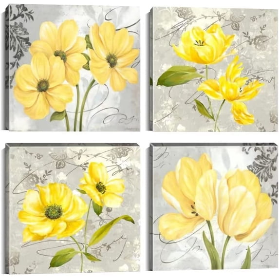 Yellow Flowers Wall Decor Gray Abstract Print Canvas Bathroom Home Decor Decals Pictures 4 Panels Poster for Bedroom Living Room Office Painting Yellow and Gray Grey Framed Ready to Hang(16x16inchx4)