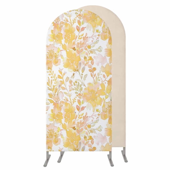 Yellow Flowers Wedding Arch Cover, Stretchy Spandex Arch Backdrop Stand Covers 6.6 FT, Watercolor Summer Botanical Floral Round Top Arched Backdrop Cover for Birthday Party Ceremony Baby Shower Event