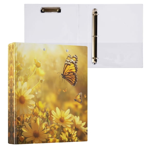 Yellow Flowers and Butterfly 3 Ring Hardcover Binders 1.5in Round Rings for Letter-Size Folder Paper Organizer Pockets for Office Student Recipe