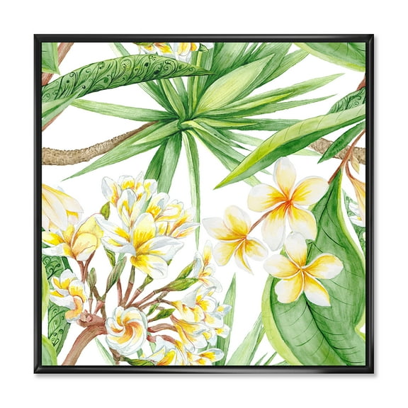 Yellow Flowers and Tropical Foliage I 16 in x 16 in Framed Painting Canvas Art Print, by Designart