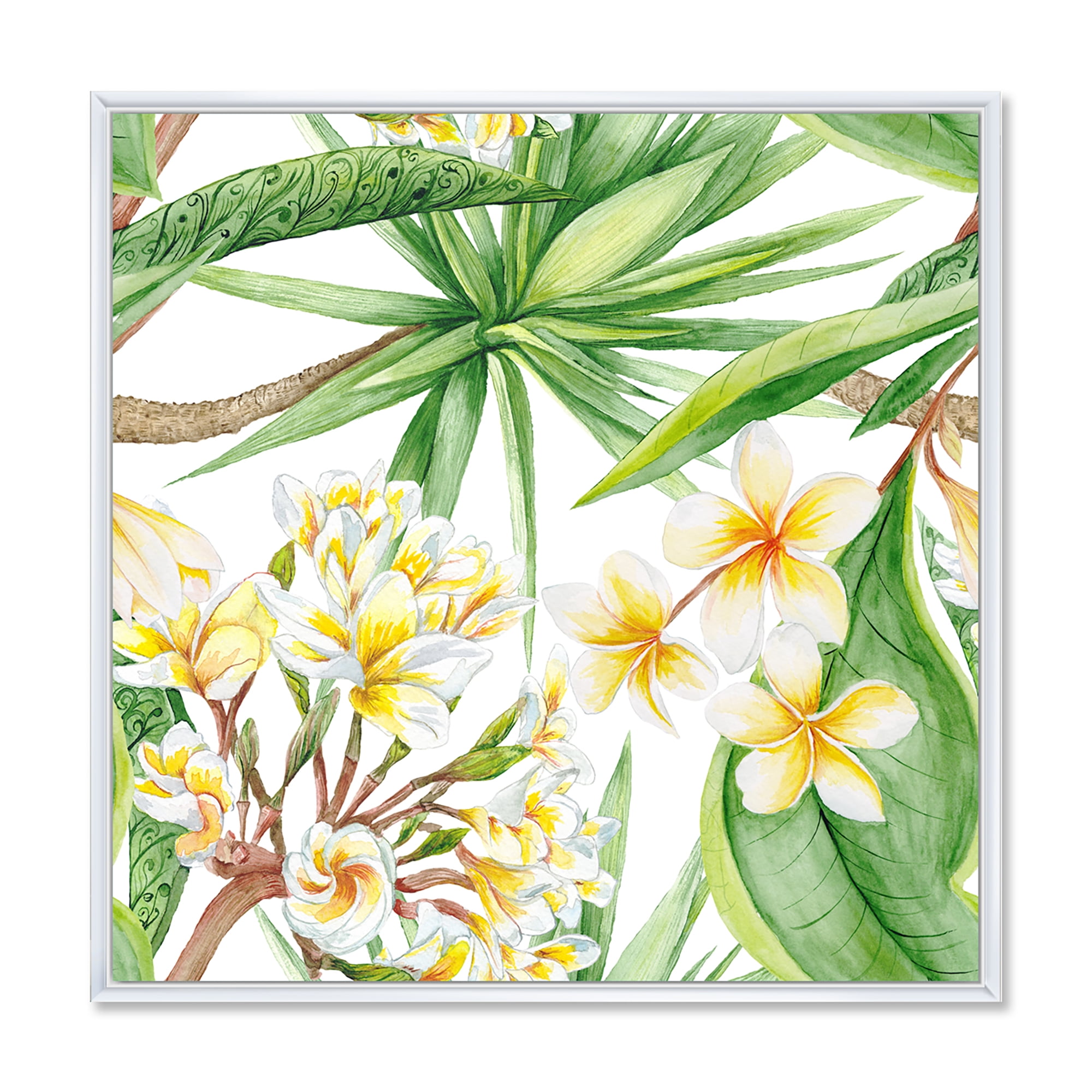 Yellow Flowers and Tropical Foliage I 30 in x 30 in Framed Painting Canvas Art Print, by Designart