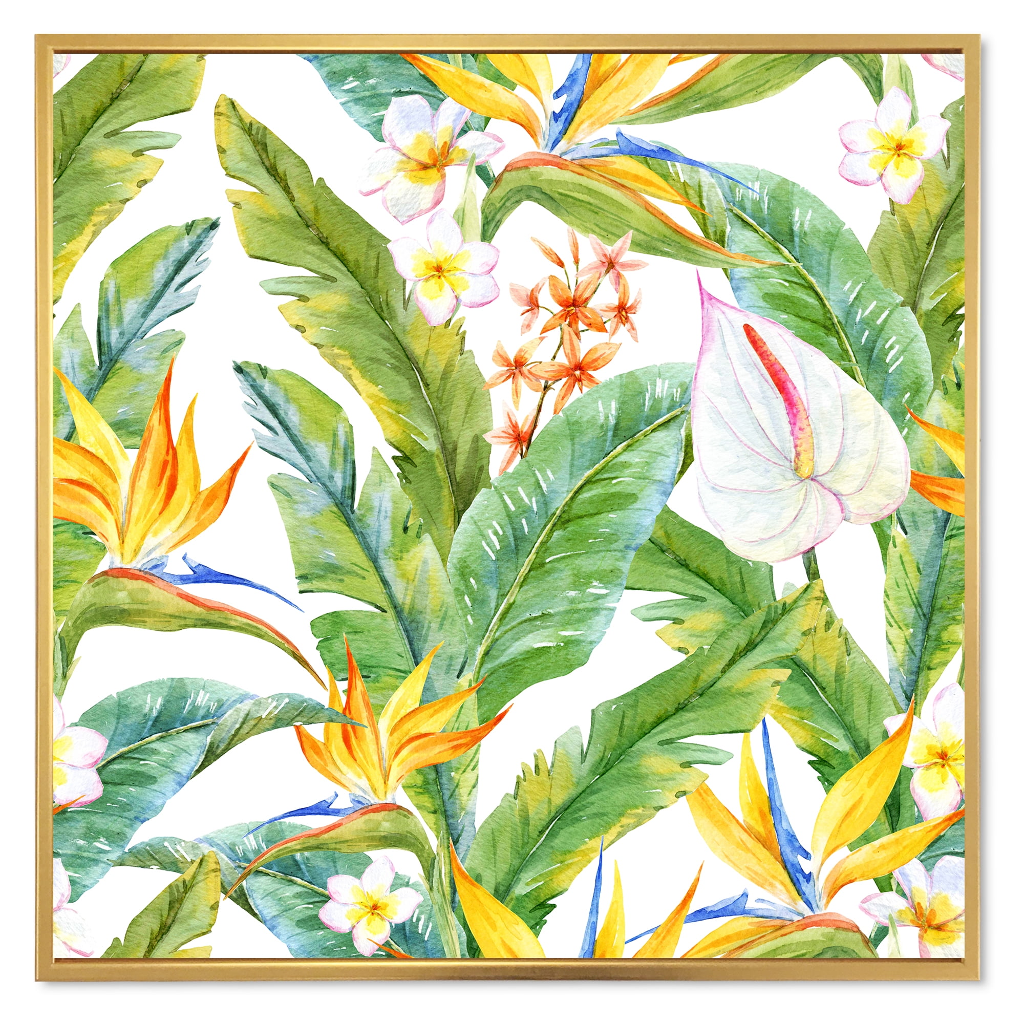 Yellow Flowers and Tropical Foliage II 16 in x 16 in Framed Painting Canvas Art Print, by Designart