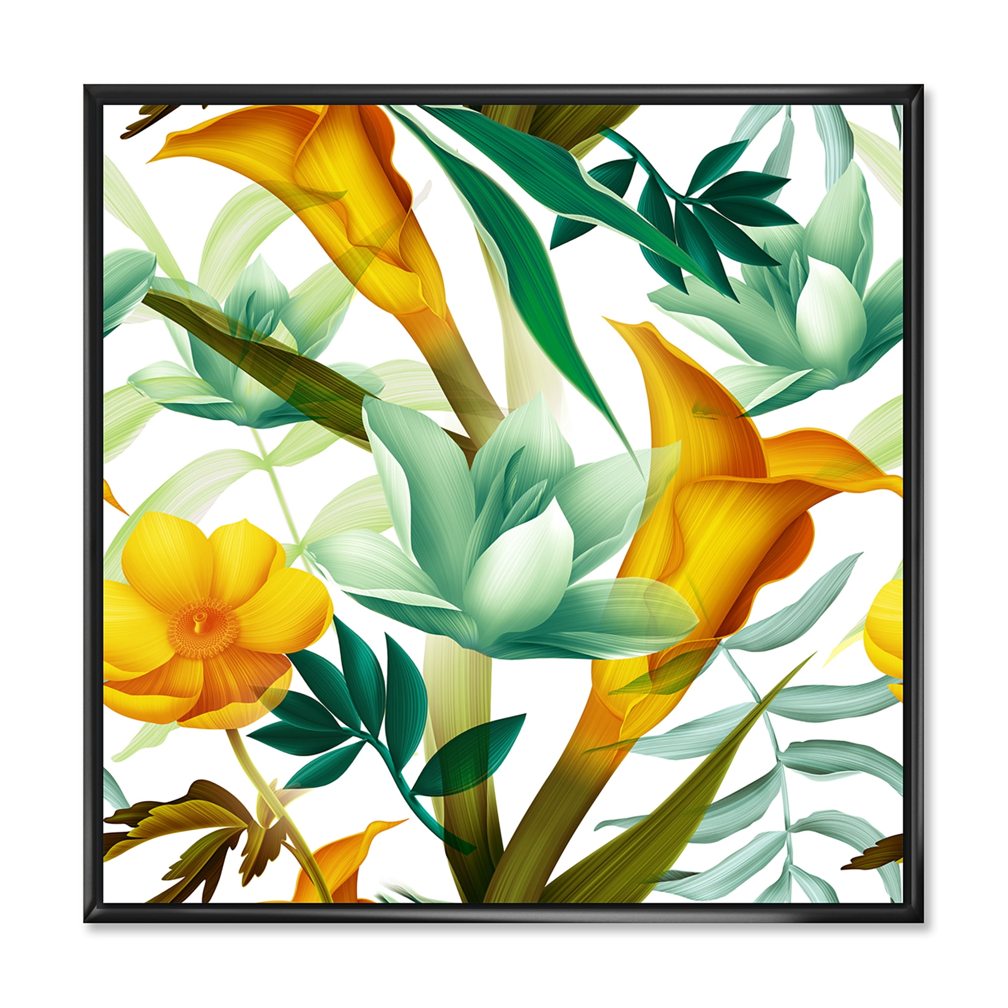 Yellow Flowers and Tropical Foliage III 30 in x 30 in Framed Painting Canvas Art Print, by Designart