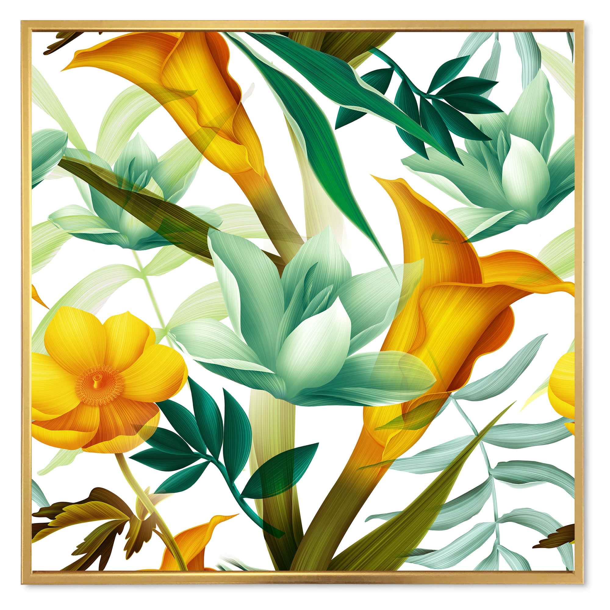 Yellow Flowers and Tropical Foliage III 30 in x 30 in Framed Painting Canvas Art Print, by Designart