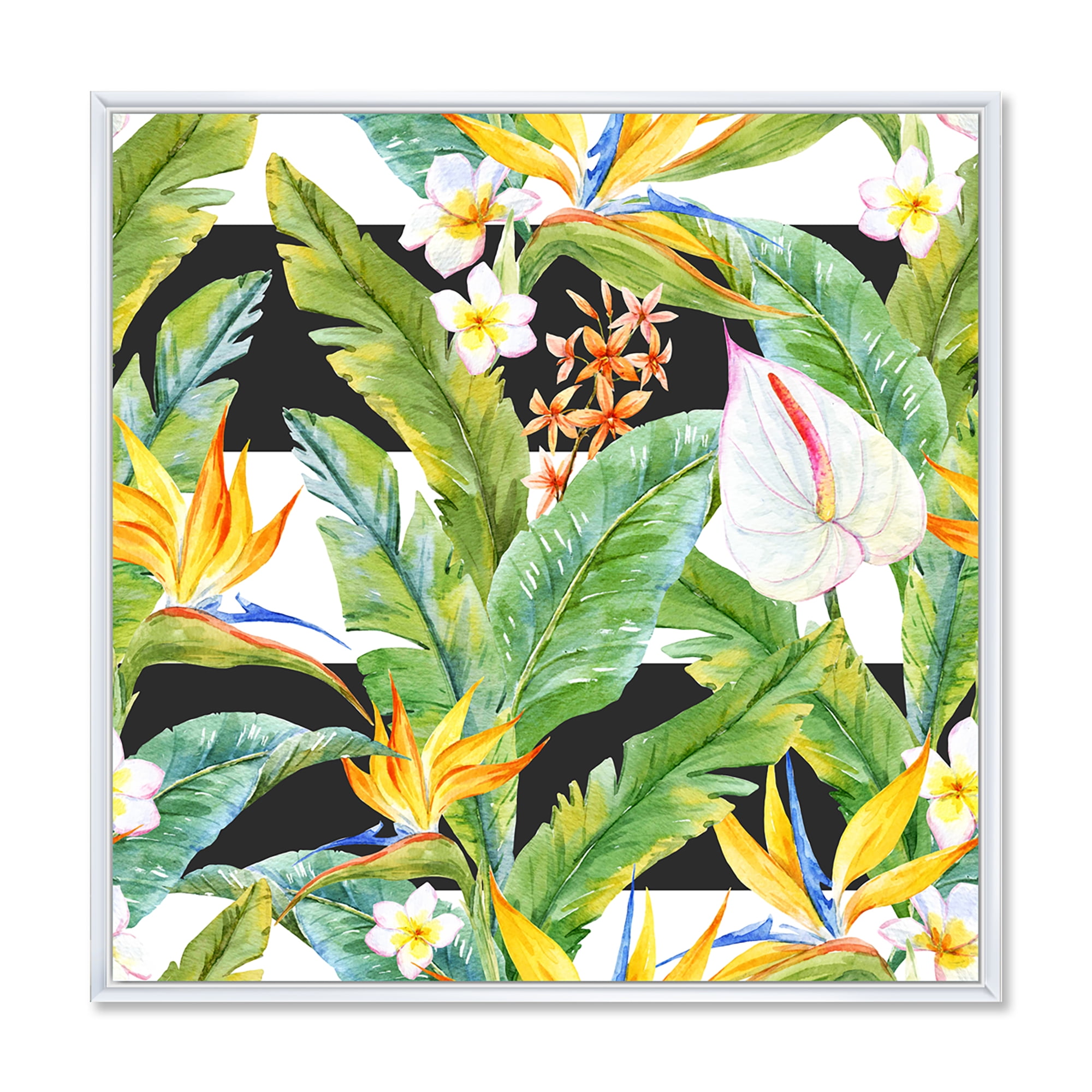 Yellow Flowers and Tropical Foliage IV 16 in x 16 in Framed Painting Canvas Art Print, by Designart