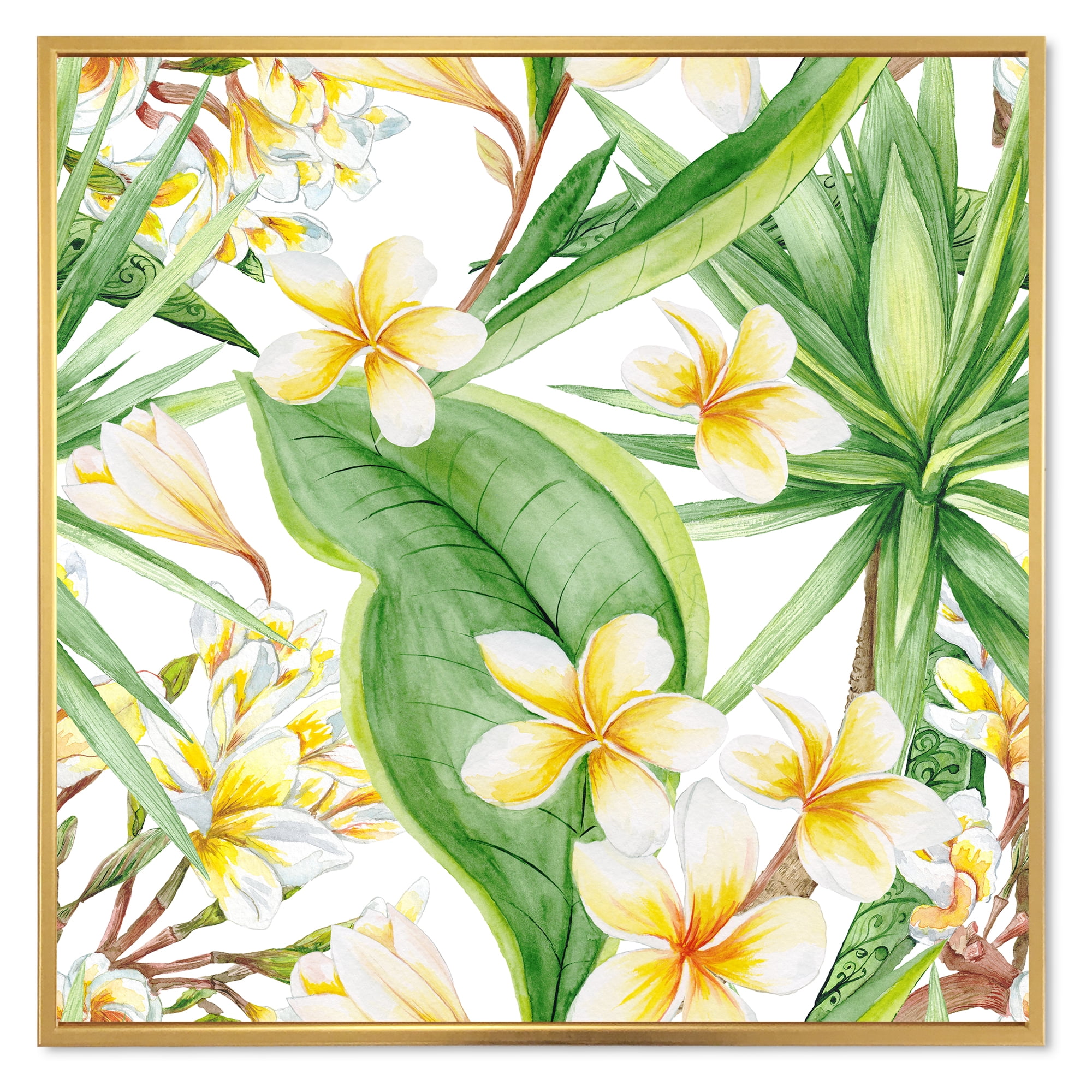 Yellow Flowers and Tropical Foliage VII 16 in x 16 in Framed Painting Canvas Art Print, by Designart