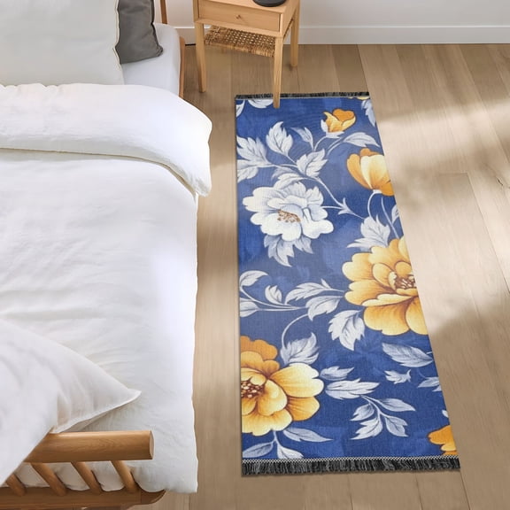 Yellow Flowers on Blue Background Bedroom Runner Rug 2'x 6' Non Slip Carpet Indoor Home Area Rug Living Room