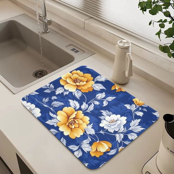 Yellow Flowers on Blue Background Dish Drying Mat for Kitchen Counter Absorbent Drainer Mats (15.7X11.8inch)