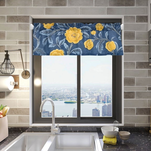 Yellow Flowers on Blue Curtain Valances for Windows Kitchen Living Room Valances 54" W x 18" L