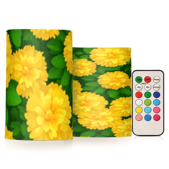 Yellow Flowers on Green Flickering Flameless Candles Battery Operated with Remote Timer LED Pillar Candles Set of 2